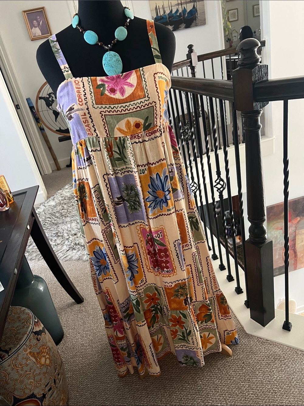 Floral Patchwork Maxi Sundress in Cream, Blue & Orange by Paper Heart 💜